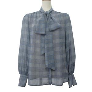 ローレンラルフローレン LAUREN RALPH LAUREN ボウタイリボン ブラウス XS ブルー系 グレンチェック 長袖 シフォン トップス レディース
