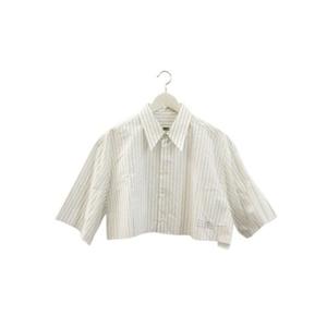 エムエムシックス メゾンマルジェラ MM6 Maison Margiela クロップド シャツ ストライプ ショート丈 42 ホワイト 白 シルバー系 トップス 半袖 ブラウス ☆AA★ レディース