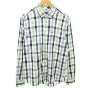 トミーヒルフィガー TOMMY HILFIGER チェック シャツ 長袖 ロゴ ラウンド 薄手 Mサイズ 緑 グリーン ☆AA★ メンズ
