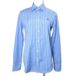 ラルフローレン RALPH LAUREN シャツ 長袖 ストライプ スリムフィット ポニー刺繡 4/160/88A M相当 青 ブルー ■YHS4 /X レディース