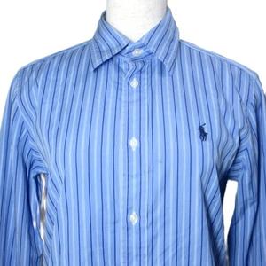 ラルフローレン RALPH LAUREN シャツ 長袖 ストライプ スリムフィット ポニー刺繡 4/160/88A M相当 青 ブルー ■YHS4 /X レディース