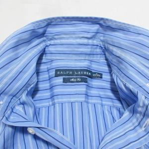 ラルフローレン RALPH LAUREN シャツ 長袖 ストライプ スリムフィット ポニー刺繡 4/160/88A M相当 青 ブルー ■YHS4 /X レディース