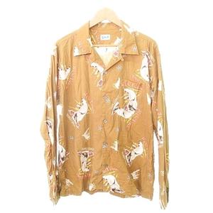 ショット SCHOTT 美品 アラスカ柄 スキッパー シャツ ブラウス 長袖 総柄 Lサイズ 茶 ブラウン系 メンズ