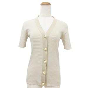 プラダ PRADA 美品 タグ付き ボーダー 半袖 カーディガン ニット 40 約Mサイズ ベージュ IBO58 レディース