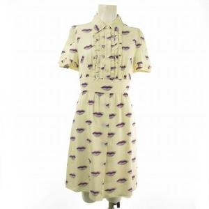 プラダ PRADA シルク リップ プリント シャツ ワンピース ひざ丈 フリル 38 ベージュ IBO31 1130 レディース