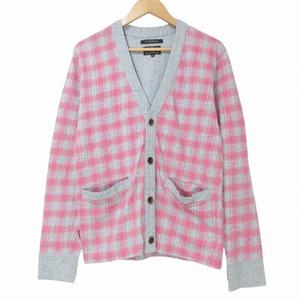 アールニューボールド R.NEWBOLD 美品 カーディガン 長袖 チェック Vネック コットン M グレー ピンク X メンズ