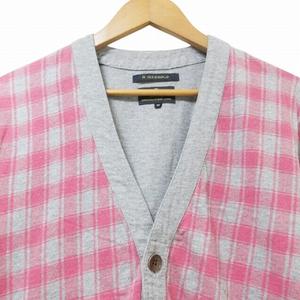 アールニューボールド R.NEWBOLD 美品 カーディガン 長袖 チェック Vネック コットン M グレー ピンク X メンズ
