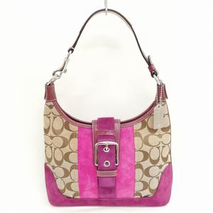コーチ COACH 7053 シグネチャー キャンバス スウェード ハンドバッグ ショルダーバッグ 美品 ベージュ パープル レディース