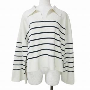 ルーニィ LOUNIE 美品 ボーダーニット スキッパー ワイド 長袖 ドロップショルダー ハイゲージ 衿付き ホワイト系 ネイビー X レディース