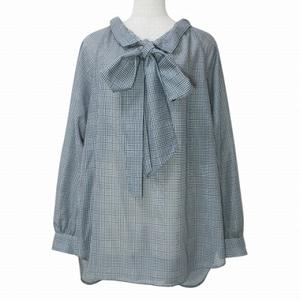 ルーニィ LOUNIE 美品 グレンチェック ボウタイブラウス プルオーバー 長袖 キーネック 36 S相当 グレー系 X レディース