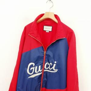 グッチ GUCCI 618900 20AW ロゴ 刺繍 ナイロン ジャケット ブルゾン 48 レッド ネイビー メンズ