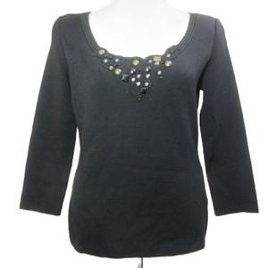 フォクシー FOXEY ニット ビジュー 刺繡 プルオーバー 7分袖 ウール ラウンドネック 40 M相当 黒 ブラック 25070 /X レディース