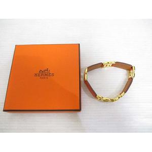 エルメス HERMES 美品 レザー Hロゴ 金具 ブレスレット バングル 茶 