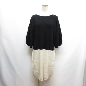 エバーラスティングスプラウト everlasting sprout カシミヤ ニット ワンピース 腰ひも付き F 黒×オフホワイト バイカラー 七分袖 レディース