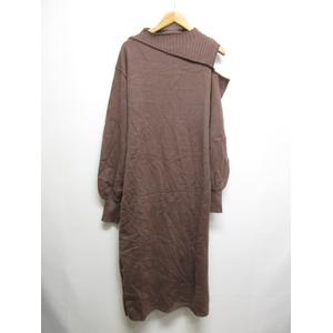 ビス ViS レイヤード風 肩開き ニット ワンピース F 茶 ブラウン 腰ひも付き サイドスリット 長袖 レディース