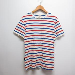 アヴィレックス AVIREX デイリー クルーネック ボーダー Tシャツ M オフホワイト×赤×ブルー 6143410 半袖 リブ素材 メンズ