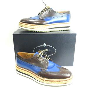 プラダ PRADA 厚底 ウイング チップ エスパドリーユ レースアップ 