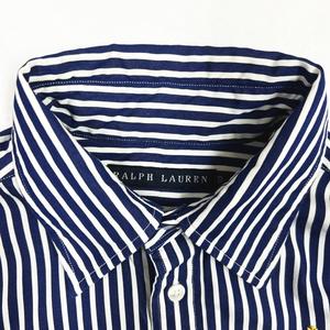 ローレンラルフローレン 長袖シャツ エンブレム刺繍 ストライプ 濃紺 白 S ラルフローレン RALPH LAUREN エンブレム 刺繍 ストライプシャツ