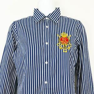 ローレンラルフローレン 長袖シャツ エンブレム刺繍 ストライプ 濃紺 白 S ラルフローレン RALPH LAUREN エンブレム 刺繍 ストライプシャツ