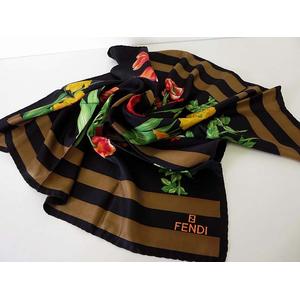 フェンディ FENDI スカーフ ストール 大判 シルク 絹 ボーダー 花柄 薔 未使用品 フェンディ FENDI スカーフ ストール 大判 シルク 絹