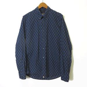 プリティーグリーン Pretty Green シャツ ボタンダウン 総柄 ロゴ 長袖 S 2 紺 ネイビー ブルー グレー メンズ