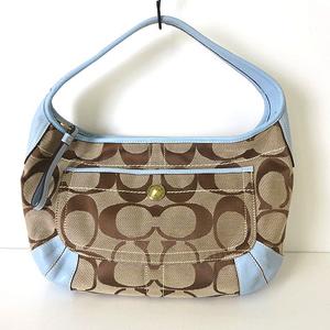コーチ COACH バッグ ワンショルダーバッグ 10764 シグネチャー ホーボー キャンバス レザー ベージュ 茶 ブラウン ライトブルー かばん 鞄 カバン レディース