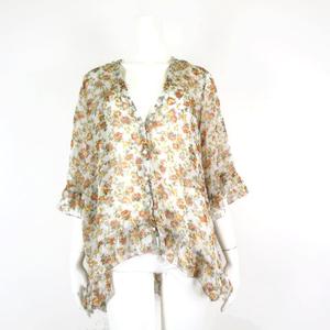 アズールバイマウジー AZUL by moussy チュニック ブラウス 花柄 フラワー シアー シースルー Vネック フリル ランヘム 7分袖 S ベージュ グレー オレンジ マルチカラー  レディース