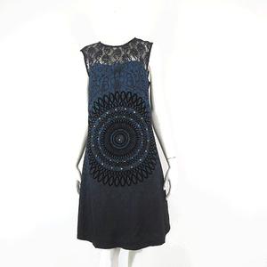 デシグアル Desigual ワンピース レース 切替 ベロア スタッズ ストレッチ ノースリーブ M 38 黒 ブラック ブルー レディース