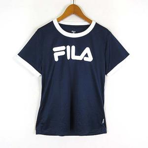 フィラ FILA Tシャツ リンガー トリム ドライ メッシュ ロゴ 速乾 吸汗 ストレッチ 半袖 L 紺 ネイビー 白 ホワイト スポーツウエア レディース