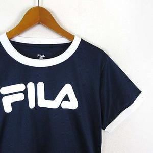 フィラ FILA Tシャツ リンガー トリム ドライ メッシュ ロゴ 速乾 吸汗 ストレッチ 半袖 L 紺 ネイビー 白 ホワイト スポーツウエア レディース