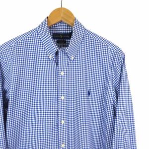 ラルフローレン RALPH LAUREN シャツ ボタンダウン ドレスシャツ スリムフィット SLIM FIT 長袖 ギンガムチェック ポニー ロゴ 刺繍 M 青 ブルー 白 ホワイト 国内正規品 美品  メンズ