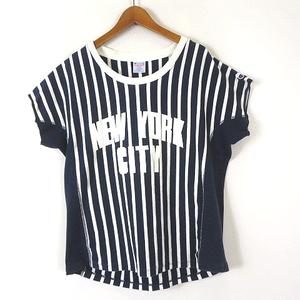 チャンピオン CHAMPION リバースウィーブ Tシャツ カットソー CW-F302 ストライプ プリント ロゴ 刺繍 ラグランスリーブ 半袖 L 紺 ネイビー オフ白 レディース