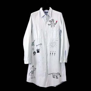 ボヘミアンズ BOHEMIANS シャツワンピース チュニック 長袖 シャンブレー デニム アニマル ペイント 手書き風 F ライトブルー レディース