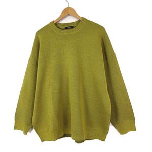 ジーナシス JEANASIS 12G Wジャガード ボリュームスリーブ プルオーバー ニット セーター オーバーサイズ Vガゼット 長袖 F イエローグリーン 美品 レディース