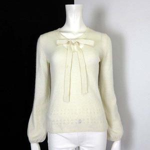 ルール RULe  ニット セーター アンゴラ ウール 透かし編み 切替 リボン Vネック バルーン袖 長袖 M オフ白 アイボリー レディース