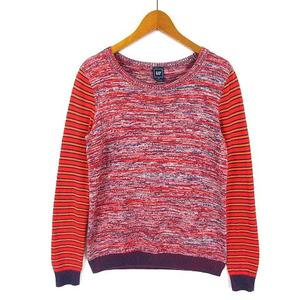 ギャップ GAP ニット セーター 総柄 マルチボーダー 切替 コットン 長袖 XS 赤 レッド マルチカラー レディース