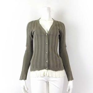 プラダ PRADA カーディガン コットン 長袖 リブニット フレア バイカラー M 42 カーキ オフ白 国内正規品 レディース