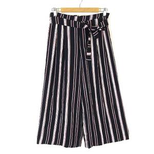 ザラ トラファルック ZARA Trafaluc パンツ ワイドパンツ イージー マルチストライプ柄 タック リボン 落ち感 とろみ ストレッチ M 紺 ネイビー 赤 レッド 白 ホワイト レディース