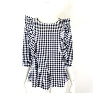 トッコ TOCCO ブラウス プルオーバー ギンガムチェック フリル ストレッチ ギャザー 7分袖 M-L ダークネイビー 白 ホワイト レディース