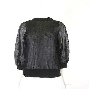 マジェスティックレゴン MAJESTIC LEGON バックオープン シアー ニット オーガンジー リボン ボリュームスリーブ 5分袖 半袖 M 黒 ブラック レディース