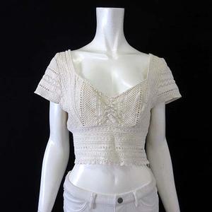 ザラ ZARA ニット 透かし編み クロシェ編み ペンタゴンネック ショート丈 コットン 半袖 L アイボリー レディース