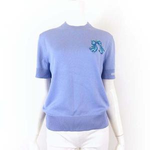 グッチ GUCCI 2025AW エンブロイダリー ファインウール ニット セーター 半袖 837634 XKE1M ロゴ リボン 刺繍 M ライトブルー 水色 美品 国内正規品 レディース