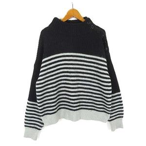 セポ CEPO WORK＆MILITARY ニット セーター 畦編み パネルボーダー ハイネック 長袖 M 黒 ブラック グレー レディース