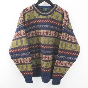 フレッドペリー FRED PERRY 長袖 ニット セーター L 青系 ブルー 
