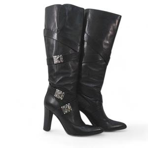 ルイヴィトン LOUIS VUITTON ロングブーツ ベルトデザイン シルバー金具 スリット  37.5 ブラック 黒系 レザー イタリア製 レディース