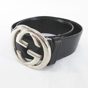 グッチ GUCCI インターロッキングG 太ベルト GG 65・26 036 194 0979 イタリア製 レザー 黒系 ブラック トップ式 バックル 小物 レディース