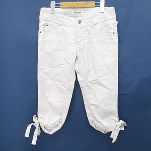 ミラショーン mila schon BLUE LABEL クロップドパンツ ジップフライ 麻 リネン 44 白系 オフホワイト リボン 無地 レディース