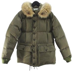 ウエアハウス WAREHOUSE ブリザードプルーフ BLIZZARD PROOF ダウン ジャケット M 緑系 カーキ 無地 フード ファー ジップアップ ボタン 裏地 メンズ