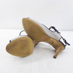 エルメス HERMES サンダル ベルトデザイン パイピング 37 ブルー コンビ キャンバス レザー イタリア製 レディース