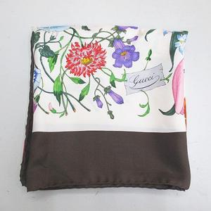 グッチ GUCCI ヴィットリオ・アッコルネロ 大判スカーフ ヴィンテージスカーフ ボタニカル柄 絹 シルク 茶系 ブラウン イタリア製 レディース